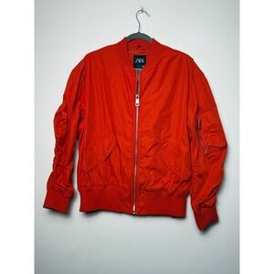 Zara Mens Red Ruched Sleeve Bomber Jacket Full Zip Utility Flight Coat Size M